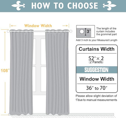 ChrisDowa Blackout Curtains 108 inches Long for Bedroom - 2 Panels Set Grommet Thermal Insulated Room Darkening Curtains for Living Room (Grey, 52 x 108 Inch)
