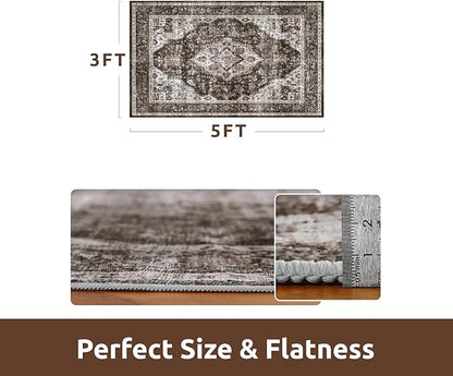 AMOAMI-3X5 Area Rug-Soft Washable Vintage Throw Accent Rugs for Living Room, Entryway, Bedroom, Kitchen, Bathroom, Laundry Room, Kitchen, Bathroom, Bedside, No Slip Brick/Brown