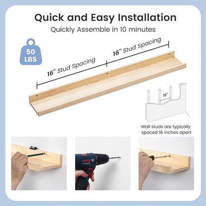 Picture Ledge Shelf for Wall, 36 inch Solid Pine Wood Nursery Book Shelves 2 Packs, Floating Ledge Shelves for Kids' Room Bedroom Bathroom Living Room Photo Frames Office Nursey Wall Decor, Natural