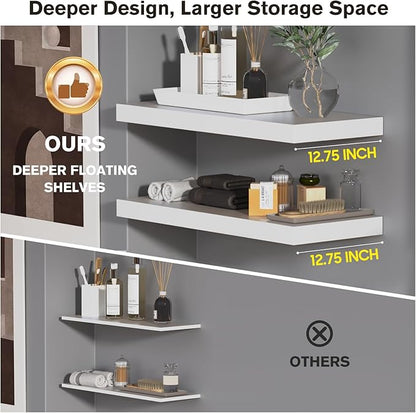 Large Floating Shelves for Wall Set of 2 Wooden Wall Shelves 24 in x 12.75 in x 2 in Room Decor Long Shelf with Invisible Wall Mount Bracket for Bedroom Kitchen Living Room White