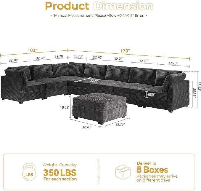 HOOOWOOO Modular Sectional Sofa,8 Pieces Sectional Couches for Living Room,164X66 L Shaped Cloud Couch with Ottoman Chaise Set(Grey Velvet Corduroy)