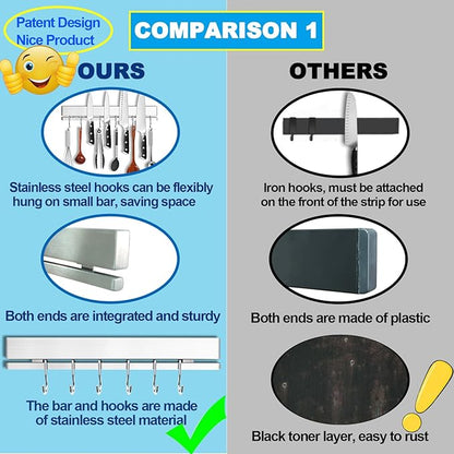YIIYIIN 12" Premium 304 Stainless Steel Double-Sided Magnetic Knife Holder for Wall or Fridge -with Adhesive Strip, No Drill -6 Hooks Included for Kitchen Utensils