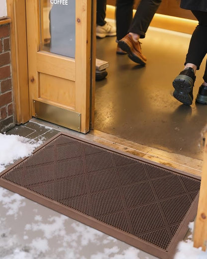 DEXI Front Door Mats Outside Entrance, 17x36 Rubber Waterproof Dirt Trapping Entry Mat for Entryway, Heavy Duty Non-Slip Low-Profile Welcome Doormat All Weather for Patio, Brown