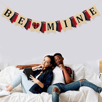 Valentine’s Day Party Decorations Be Mine Felt Sign Burlap Pennant Banner Flag Heart with Black Red Buffalo Plaid Fabric Ribbon for Valentine’s Day Wedding Birthday Party Supplies