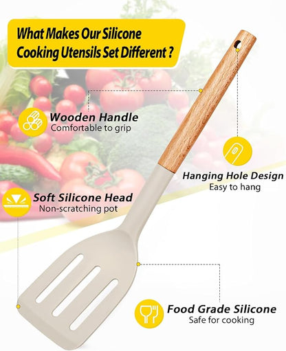 Pack of 4 Silicone Cooking Utensils Set, Non Stick Solid Spatulas and Heat Resistant Slotted Spoons with Wooden Handle, Ideal Wood Kitchen Utensils Set for Frying,Serving,Turning,Stirring (KHAKI)
