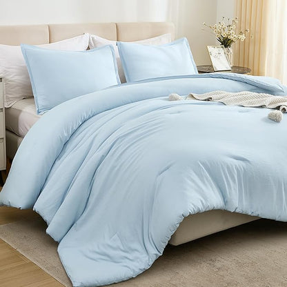 Litanika Comforters Light Blue King Size, 3 Pieces Lightweight Solid Bedding Comforter Set, All Season Fluffy Bed Set (104x90In Comforter & 2 Pillowcases)