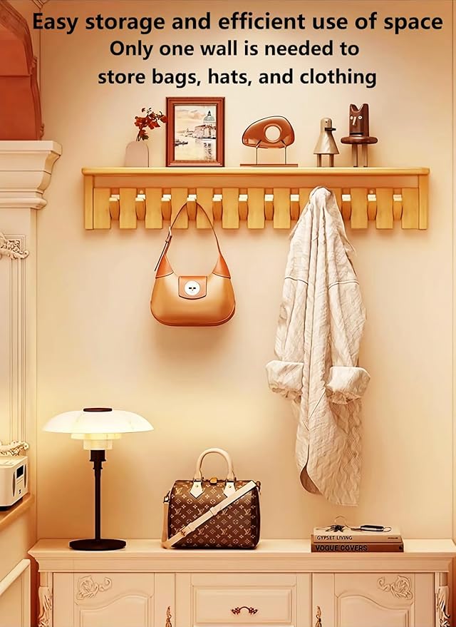 Wall Mounted Piano Key Hanger | Flip Style Hook | Entrance Wall Art Hook, Made of Oak Wood (3 Times Painted, 4 Times Polished) (Tray Beech, 6Hooks)