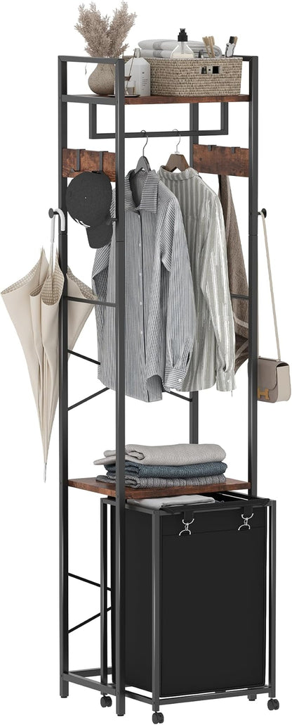 Coat Rack with Laundry Basket, Laundry Hamper Freestanding Hall Tree, Clothes Rack with Storage Shelves, 14.5 Gal Removable Bags on Wheels, Black and Brown JLH005SR