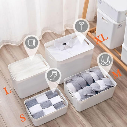 5 pack large plastic White storage bins with Lids, Toy Box Chest with Handle，Organizer Containers Baskets for Baby,Nursery，Shelves，Playroom, Bedroom，Office,Closet，home (White, 5L)