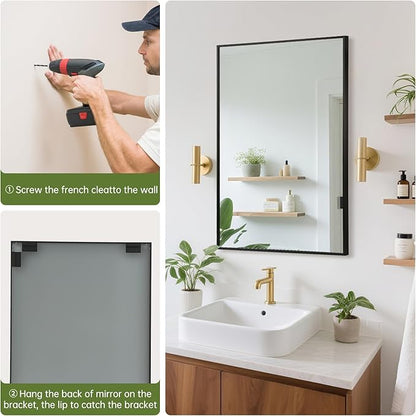 FARMER 16x24 Inch Black Bathroom Mirror, Rectangle Wall Mounted Mirror, Vanity Mirror, Brushed Square Mirror, Framed Bathroom Mirror for Bedrooms, Entryways, Living Rooms, Horizontal/Vertical
