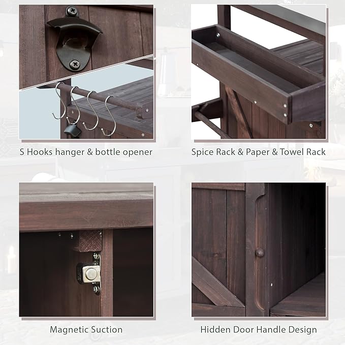 Farmhouse Solid Wood Grill Table with Stainless Steel Top, Outdoor Rolling Bar Cart & Storage Cabinet with Spice & Towel Rack, Outdoor Kitchen Island with Internal Storage Rack, Dark Brown