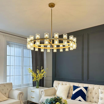 Modern 36" Gold Round Chandelier Light Fixture, K9 Crystal Chandeliers for Dining Room, Living Room, Dining Room Chandeliers Over Table, Chandelier for Bedroom, Foyer, Includes 36XG4 Bulbs
