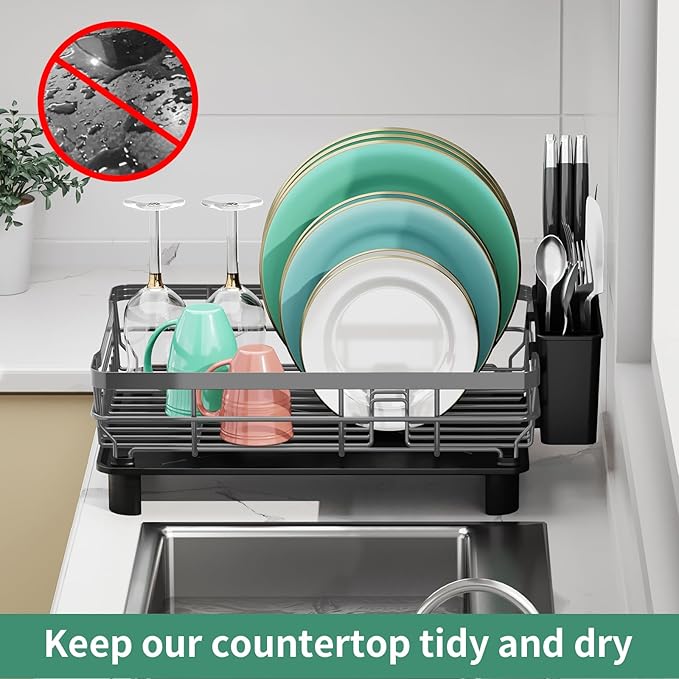 MOUKABAL Dish Drying Rack, Dish Rack, Large Dish Racks for Kitchen Counter, Drying Rack Kitchen with Removable Utensil Holder, Drainboard (Grey/Gray)