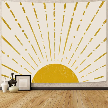 Kanuyee Gold Boho Burning Sun Tapestry Wall Hanging, Retro 70s Abstract Vintage Geometric Line Sunrise Tapestries for Bedroom Living Room Backdrop 44×60 inch