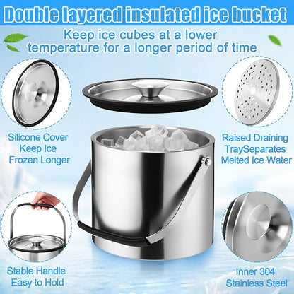 meekoo 4 L Double Wall Insulated Stainless Steel Ice Bucket with Lid, Scoop, Strainer, Handle Large Wine Ice Bucket Upgraded Cover Keep Frozen Longer for Cocktail Bar Parties(Silver)