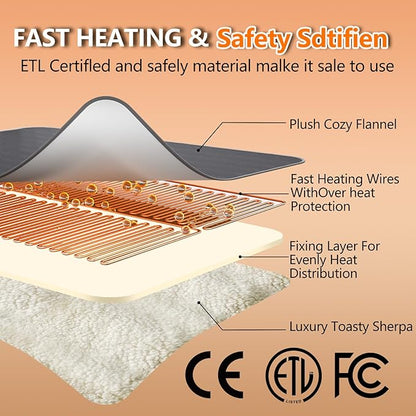 Heated Blanket Throw 50x60, Extra Plush 220GSM Flannel & Sherpa with Child Lock | 6-Level Smart Adaptive Heat & 8Hr Timer | ETL Certified Electric Blanket for Full Body Comfort