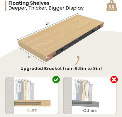 Heimlove 24 x 12 Inch Deep Floating Shelves Wall Mounted with Invisible Brackets,Storage Hanging Shelf for Wall Decor in Bathroom, Bedroom, Toilet, Kitchen, Living Room, Office Set of 2 (Oak)