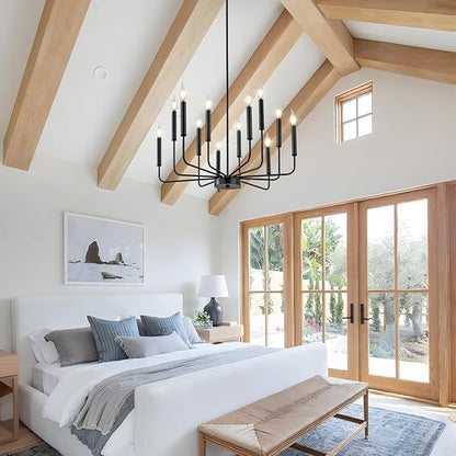 Modern Black Farmhouse Chandeliers, 12-Light Industrial Metal Chandelier Lighting, Classic Candle Hanging Pendant Light Fixtures for Living Room, Dining Room, Kitchen, Bedroom, Entryway