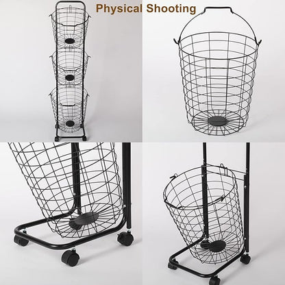 3 Tier Laundry Basket with Rolling Lockable Wheels Wire Metal Sorter Storage Trolley Shelf Basket Durable Metal Sorter Clothes Storage Trolley Shelf with Removable Hamper for Organizing Clothes