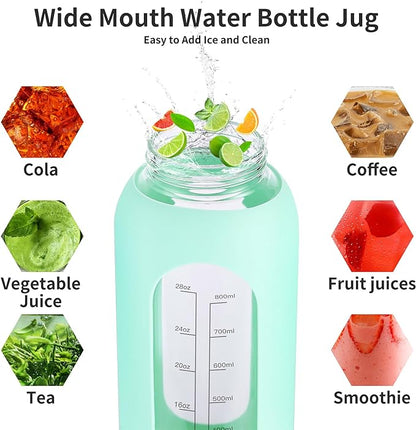 32 oz Glass Water Bottle with Straw and Handle, Sports Motivational Water Flask with Silicone Sleeve, Large Leakproof Water Flask Cup with Time Marker for Travel, Gym, Blush