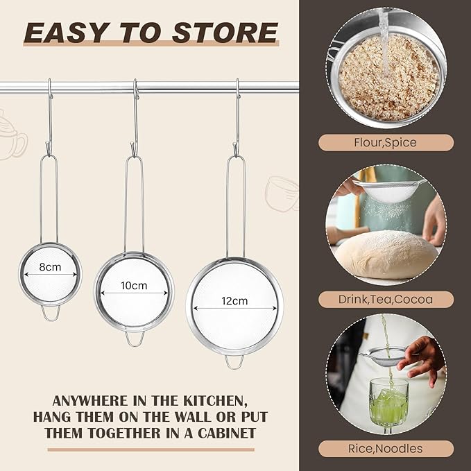 Norme 4 Quart Stainless Steel Silver Colander and 3 Pcs Silver Fine Mesh Strainer, Stainless Steel Pasta Rice Food Metal Strainer with Handles, Easy Clean and Dishwasher Safe