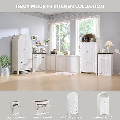 Modern Double Tilt-Out Trash Cabinet, 20 Gallon Fluted Laundry Hamper Cabinet w/2 Drawers, Wooden Hidden Garbage Can Cabinets with Storage Basket,Free Standing for Kitchen & Living Room, White
