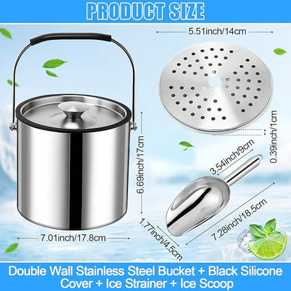 meekoo 3 L Double Wall Insulated Stainless Steel Ice Bucket with Lid, Scoop, Strainer, Handle Large Wine Ice Bucket Upgraded Cover Keep Frozen Longer for Cocktail Bar Parties(Silver)