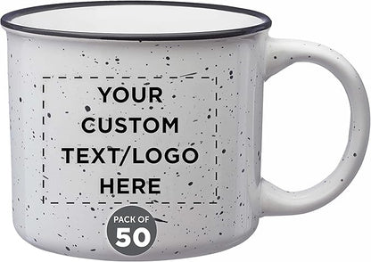 DISCOUNT PROMOS Custom Ceramic Campfire Coffee Mugs 13 oz. Set of 50, Personalized Bulk Pack - Perfect for Tea, Espresso, Cappuccino, Hot Cocoa - White