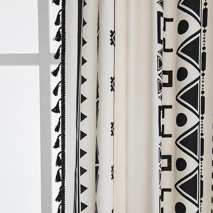 Sutuo Home Black and White Boho Curtain 84 Inches Length for Bedroom, Printed Cotton Linen Geometric Rod Pocket Chic Semi Blackout Bohemian Tassels Window Treatment, 1 Panel 59" W x 84" L