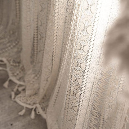 Sutuo Home Crochet Boho Curtain 96 Inches Length, Sheer Lace Handmade Tassels Knitted Window Treatment Vintage Rustic Bohemian Farmhouse Drape for Bedroom Rod Pocket 1 Panel 59" W x 96" L, Beige Wave
