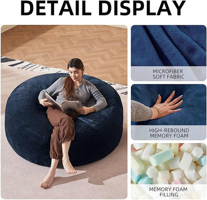 Bean Bag Chair 4Ft, Memory Foam Filled, Large Beanbag Chairs for Adults and Teens, Soft Sofa with Removable Flannel Cover, Round Couch for Living Room Bedroom College Dorm (Blue, 4FT-47×47"×24")