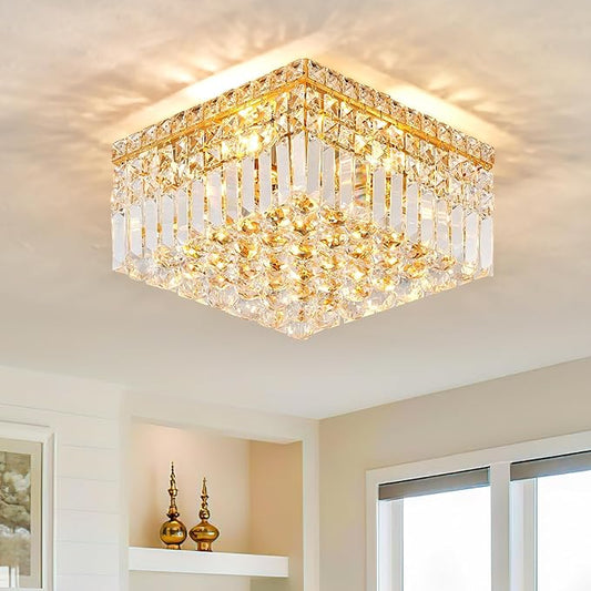 4-Light Gold Crystal Chandeliers Flush Mount Chandelier Light Fixture with K9 Crystals Modern Ceiling Lights Elegant Square Lamp for Bedroom,Hallway,Bar,Living Room,Dining Room,H5.9 xW13.7
