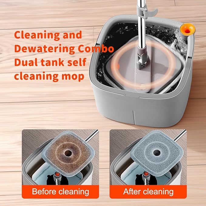 KZKR Spin Mop and Bucket Set with Self Separation Dirty and Clean Water System, Self Wringing 360° Rotating Square Mop Head for Home Floors Cleaning (1.0 Mop and Bucket Set (10 Pads))