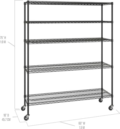 Seville Classics UltraDurable Heavy Duty NSF Solid Steel Wire Rack Storage Unit, Organizer for Garage, Warehouse, Office, Restaurant, Classroom, Kitchen, Black, 5-Tier Shelving, 60" W x 18" D