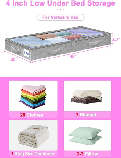 punemi Under Bed Storage Containers, Below 4 Inches Tall Low Profile Underbed Storage, NO STRUCTURE, Soft Foldable Underbed Cloth Storage Bags, Zipper Blanket Storage Container, 2Pack, 20x40x3.7in