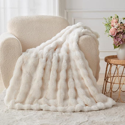 Lotus Karen Faux Fur Throw Blanket Cream White - Big Bubble Rabbit Fluff Blanket for Couch, Small Fluffy Fuzzy Cozy Blanket, Thick Furry Plush Shaggy Blankets, 50x60 Inches