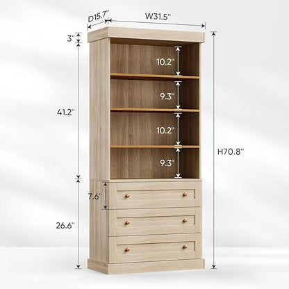 Vyre 71" Tall Farmhouse Bookshelves with Drawers, Set of 2 – Large Modular Bookcase with Adjustable Shelves, Storage Cabinet for Living Room, Kitchen, Home Office, Brown