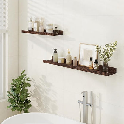 Floating Picture Ledge Shelves 36 Inch Solid Oak Wood Set of 2, Rustic Wall Storage Shelves with Lip, Kids Bookshelf, Photo & Picture Ledge Shelves for Bedroom, Living Room, Kitchen