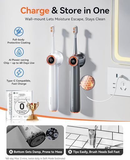 RANVOO [Vibrating & Flossing 2-in-1 AirJet Bubble Sonic Electric Toothbrush, 100% Plaque Removal, Whiter for Adult Protect Gum Orthodontic Teeth Clean Rechargeable Gift with 2 Soft Brush Heads Grey