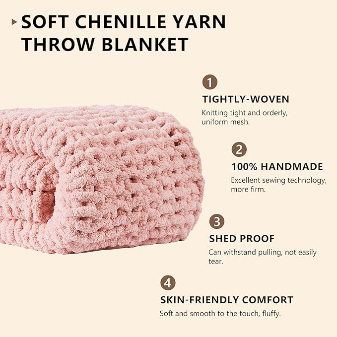 L'AGRATY Chunky Knit Blanket Throw - Soft Chenille Yarn Throw Blanket 50x60: Handmade Thick Cable Knit Crochet Blanket - Large Knit Blanket Chunky Rope Knot Throw Blanket for Couch Sofa Bed Home Decor