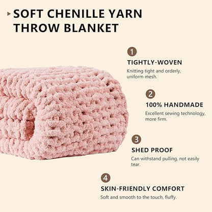 L'AGRATY Chunky Knit Blanket Throw: 72''x84'' Chenille Chunky Knitted Throw Blanket for Bed Couch - Handmade Thick Big Cable Knit Blanket - Large Chunky Crochet Rope Blanket for Home Decor(Pink)