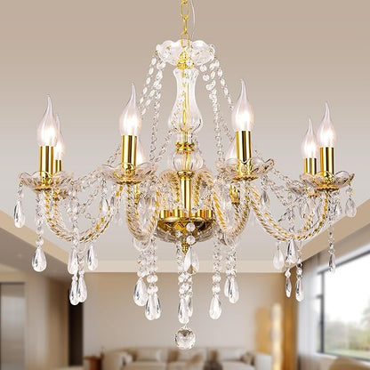 Modern Elegant 8 Lights K9 Crystal Glass Chandelier Golden Pendant Ceiling Lighting European Style for Dining Living Room Bedroom Transparent, 8 E12 Bulbs Required