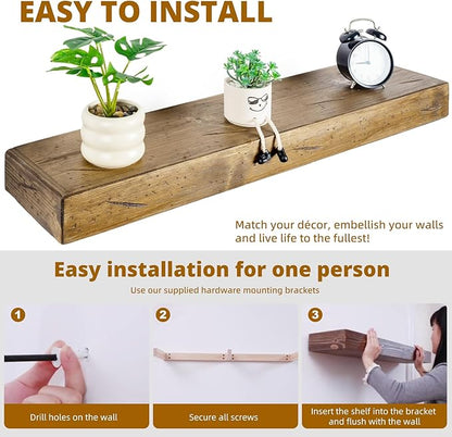 Floating Shelves 3 inch Thick for Wall Set of 2,Solid Pine Wood Wall Mount Shelf for Kitchen Living Room Bedroom Bathroom,8" D x 48" L x 3" H-Distressed Black Walnut