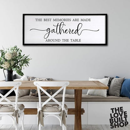 The Best Memories are Made Gathered Around The Table Sign Framed Wall Art, 40''×15'' Rustic Horizontal Plaque with Black Frame for Dinning Living Room, Long Home Family Wood Sign Wall Decor