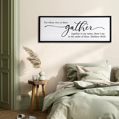 For Where Two Or Three Gather Sign Dining Room kitchen Wall Decor Bible Verse Scripture Matthew 18:20 Wooden Frame 32X12 Inch for Christian Family Hanging Art (Black)