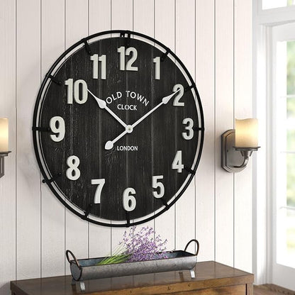 Large Old Town Farmhouse Wall Clock – 24 Inches Rustic Antique Wood with Metal Circle and Large Numerals, Silent Battery Operated Clock for Office, Kitchen, Bedroom, Living Room (Black)