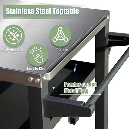 Domi 3-Shelf Outdoor Grill Table, Grill Cart Outdoor with Wheels, Pizza Oven and Food Prep Table, Blackstone with Stainless Steel Tabletop, BBQ Stand for Blackstone Griddle for Outside BBQ
