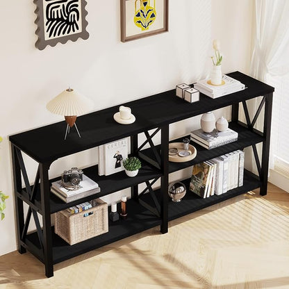LVB Industrial Entryway Table, Farmhouse Rustic Console Tables Behind Couch, Long Metal Wooden Sofa Table with Storage Shelf, Modern Foyer Hallway Table for Living Room Bedroom, Black Oak, 63 in