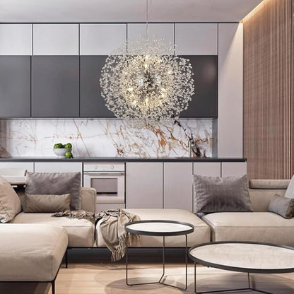 Dandelion Crystal Chandelier with Chrome, Modern Large Sputnik Hanging Lamp, Sunflower Beaded Pendant Light Fixtures High Ceiling for Living Room Bedroom Dining Room (Chrome 16Lights)