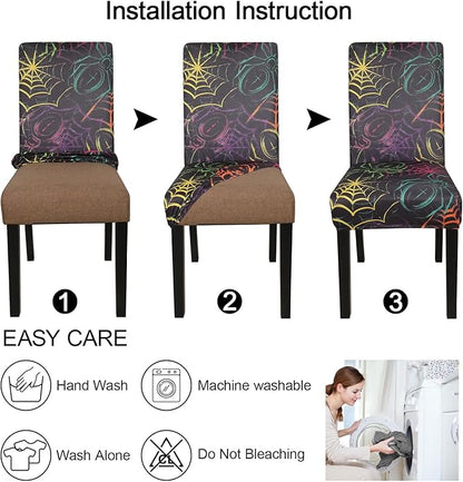 JQinHome Spider Halloween Chair Slipcover,Web Black Chair Covers Set of 6, High Stretch Washable Chair Protector Cover for Dining Room, Kitchen,Home Party,Wedding Ceremony(Spider,6PC)